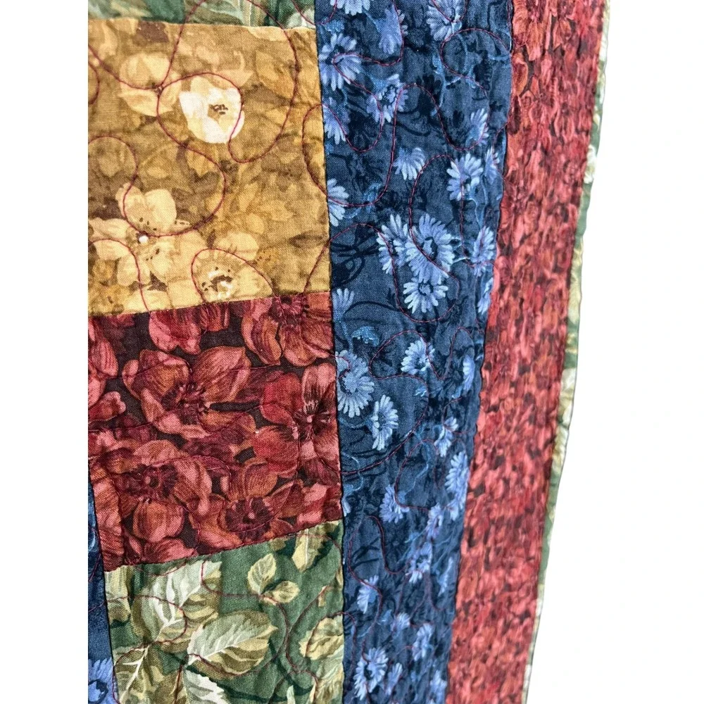 Handmade Patchwork Rustic Floral Quilt  Rust Gold Green Navy 50x50 Throw Blanket